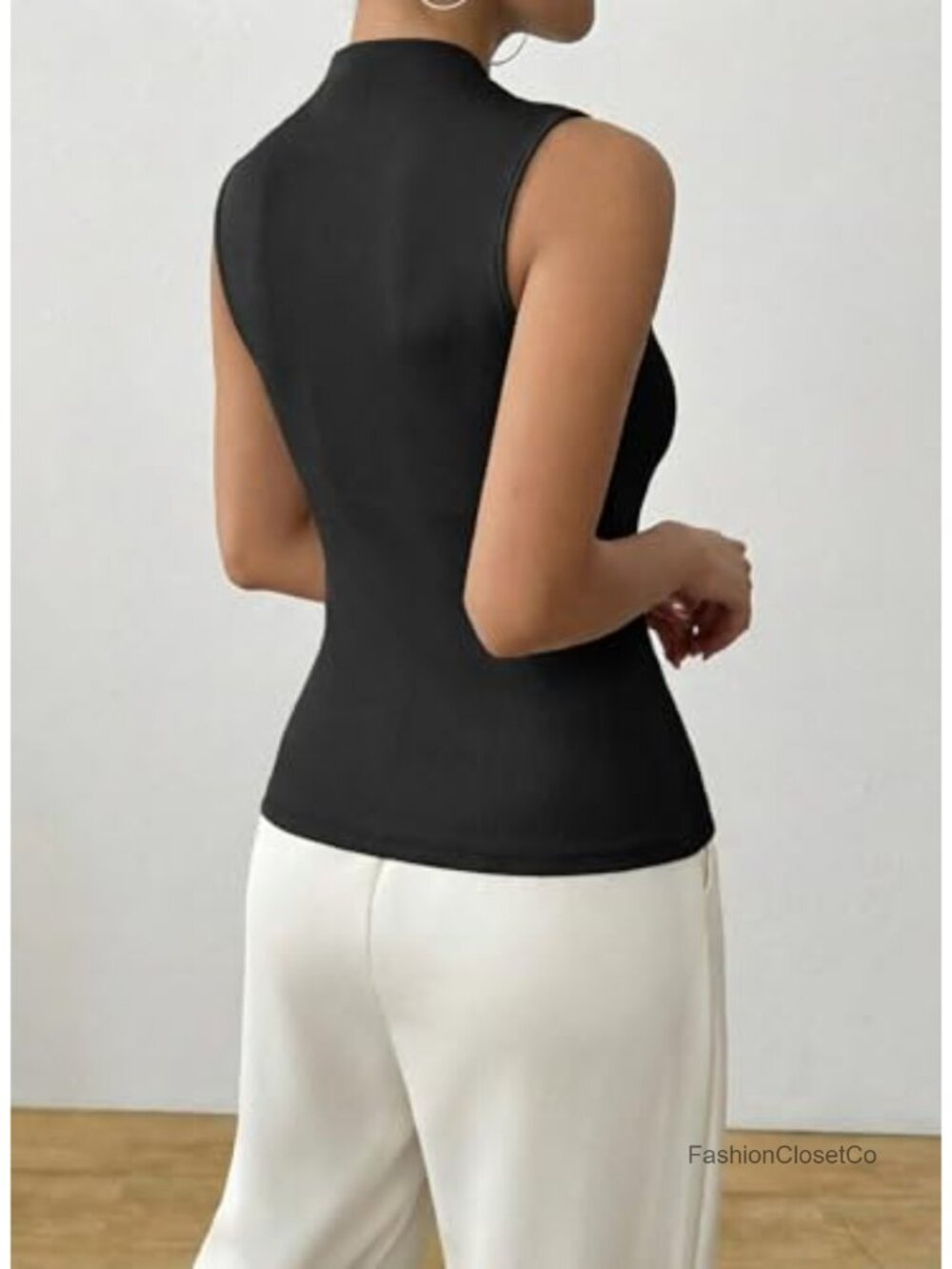 Sleeveless Asymmetric Neck Tank Top Ribbed Slim Fit with Gold Ring Detail - Picture 3 of 6